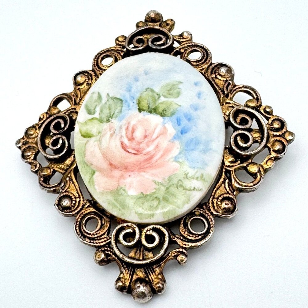 Hand-Painted Floral Porcelain Vtg Brooch Pendant Gold-Tone Signed Ornate Frame